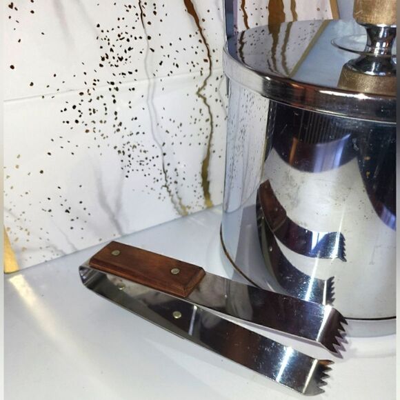 Vintage Mint 1960's Atapco Chrome Teakwood Handle/Top Ice Bucket w/Tongs USA  - Picture 5 of 5